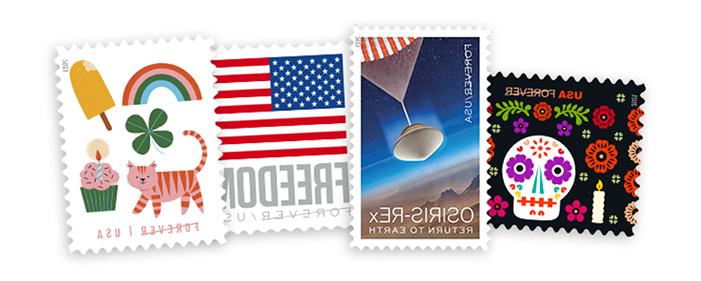 永远 Stamp designs for Day of the Dead, OSIRIS-Rex, U.S. Flag 2023, and Thinking of You.