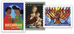 Holiday-themed stamps for Hanukkah, Christmas, and Kwanzaa.
